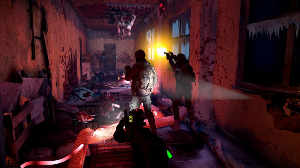 The player is walking with some allies through a hallway in After The Fall. The hallway looks like it's filled with blood.