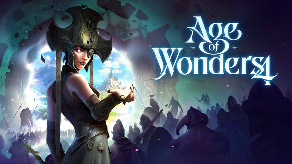 A mage holds some kind of magic in her hand and there is a crowd of people behind her going into a portal. It's an Age of Wonders wallpaper.