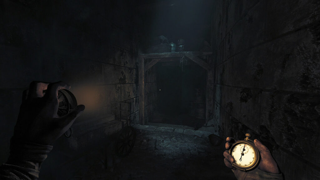 The player looks at a shaft tunnel in a room. There are some barrels and a wagon. The main character holds some kind of lantern and a compass. It's Amneisa: The Bunker.