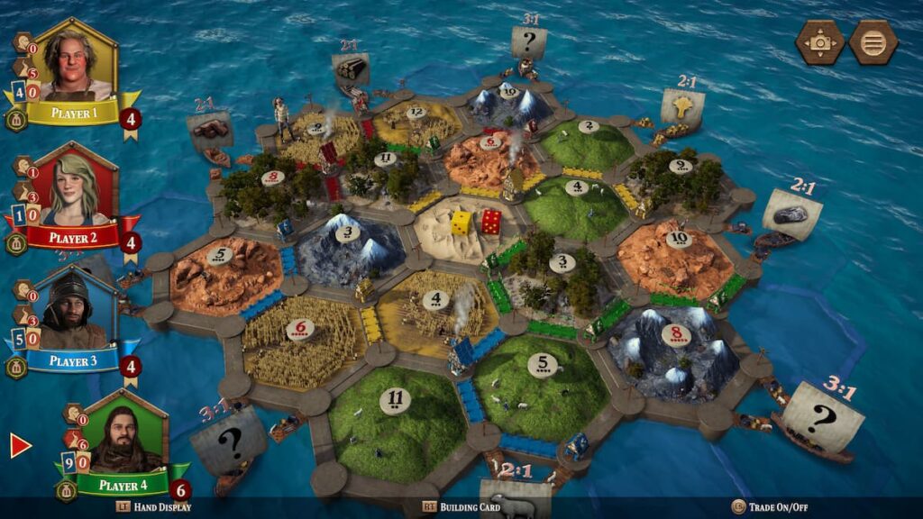 A screenshot of a Catan – Console Edition game in action. The players are looking at a board.