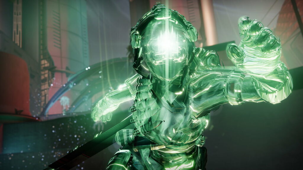 The player is using Strand, a feature of Destiny 2: Lightfall to turn themselves green.