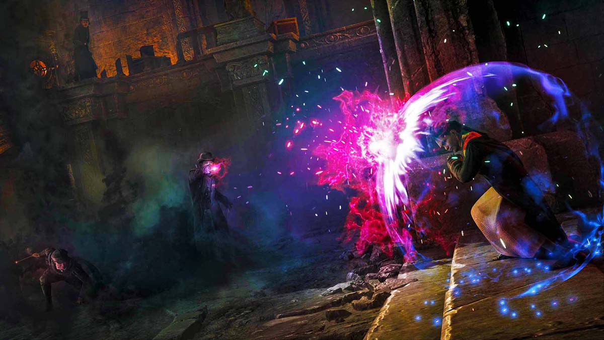 The player character in Hogwarts Legacy using a magic shield against multiple wizards.