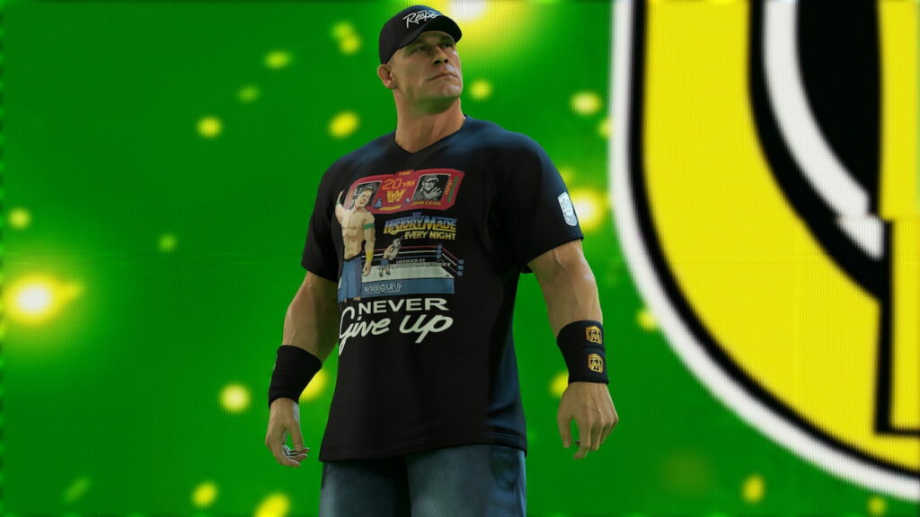 John Cena in WWE 2K23 stands in front of a screen of green.