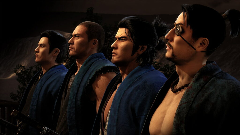 Four swordsmen from Like a Dragon: Ishin! stand looking up. Sakamoto Ryoma and Okita Soji are two of the more obvious swordsmen.