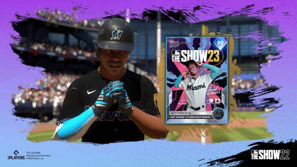 A baseball player stands on the baseball field of MLB The Show 23 and looks to his left, where the cover of the game is.