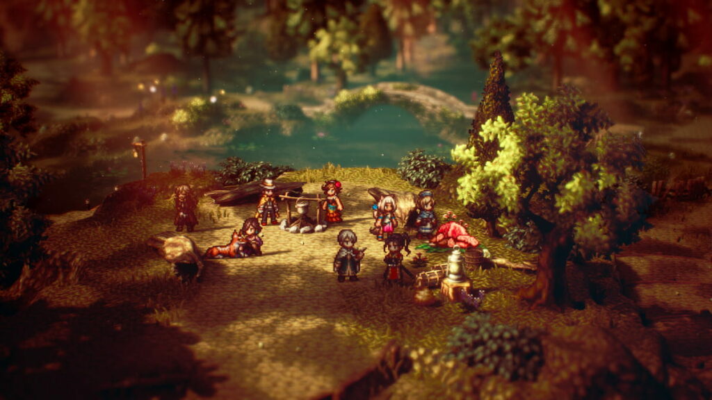 This is a campsite from Octopath Traveller 2. There are multiple characters just hanging out in a meadow.