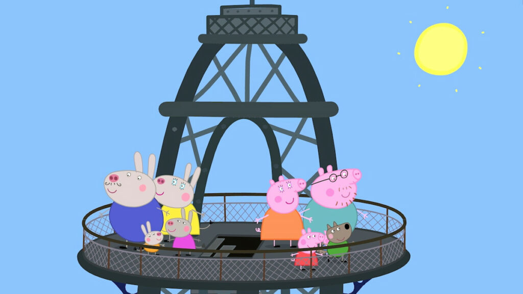 Peppa Pig, Daddy Pig, Mommy Pig, Daddy Rabbit, Mommy Rabbit, Danny Dog, Rebecca Rabbit, and Richard Rabbit are on the Eiffel tower in Peppa Pig: World Aventrues
