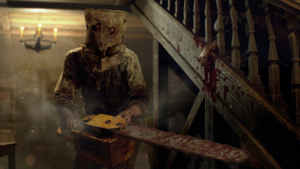 A scary mask wearing chainsaw person of Resident Evil 4 stands next to a staircase.