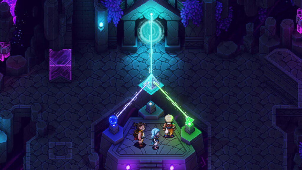 Three characters from Sea of Stars look at an orb and some pyramids they put on a column. This solved a puzzle.