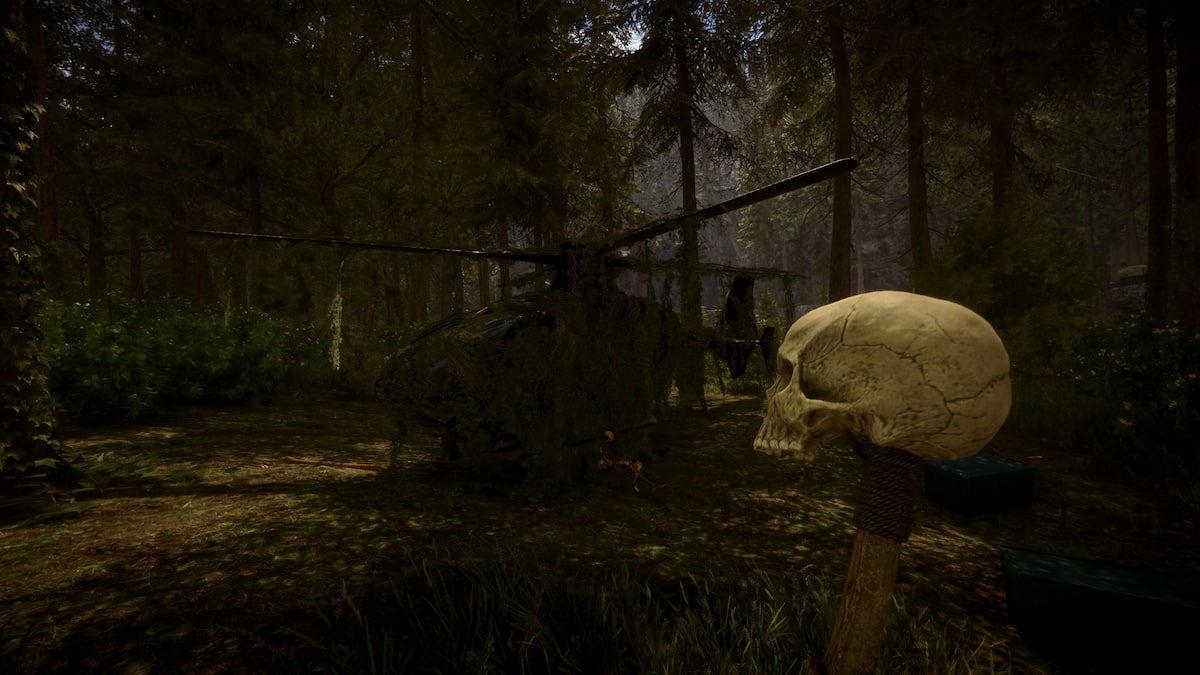 A helicopter covered in green moss in Sons Of The Forest. The player character is holding a skull staff while looking at the helicopter.