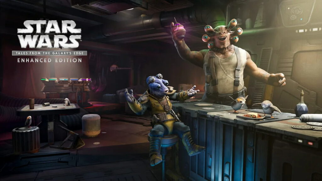 The image is a wallpaper from Star Wars Tales from the Galaxy's Edge. It is a bar with two aliens.