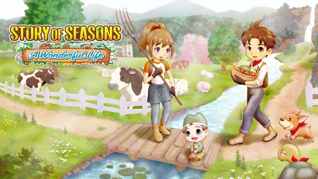 A family of farmers, mother, father, and son hanging out near a creek. This is the player's family in Story of Seasons: A Wonderful Life