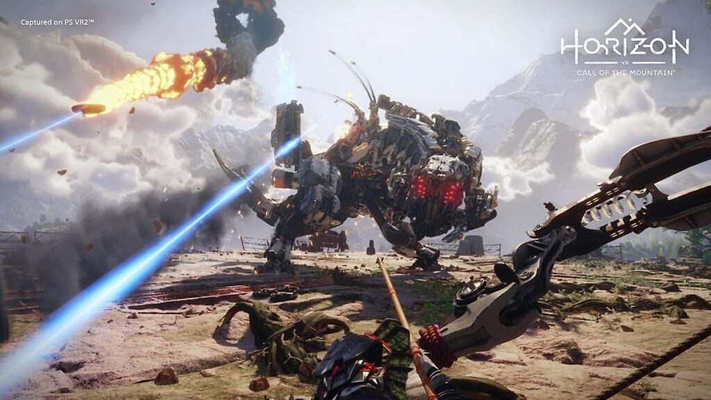 The player is fighting some kind of quadrupedal mechanical monster in Horizon Call of the Mountain. The player is using a bow.