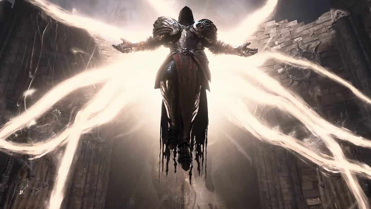 Promotional image of Tyrael from Diablo hovering in mid air with light tendrils coming out of him