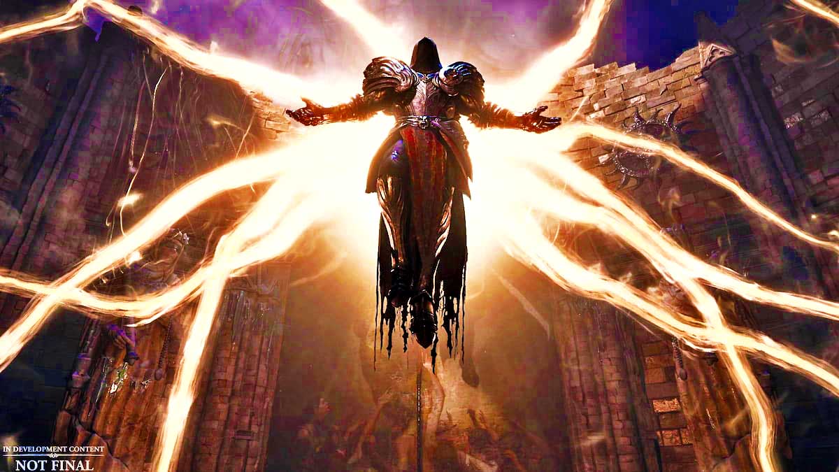 A picture of Inarius from Diablo 4 rising on his wings.