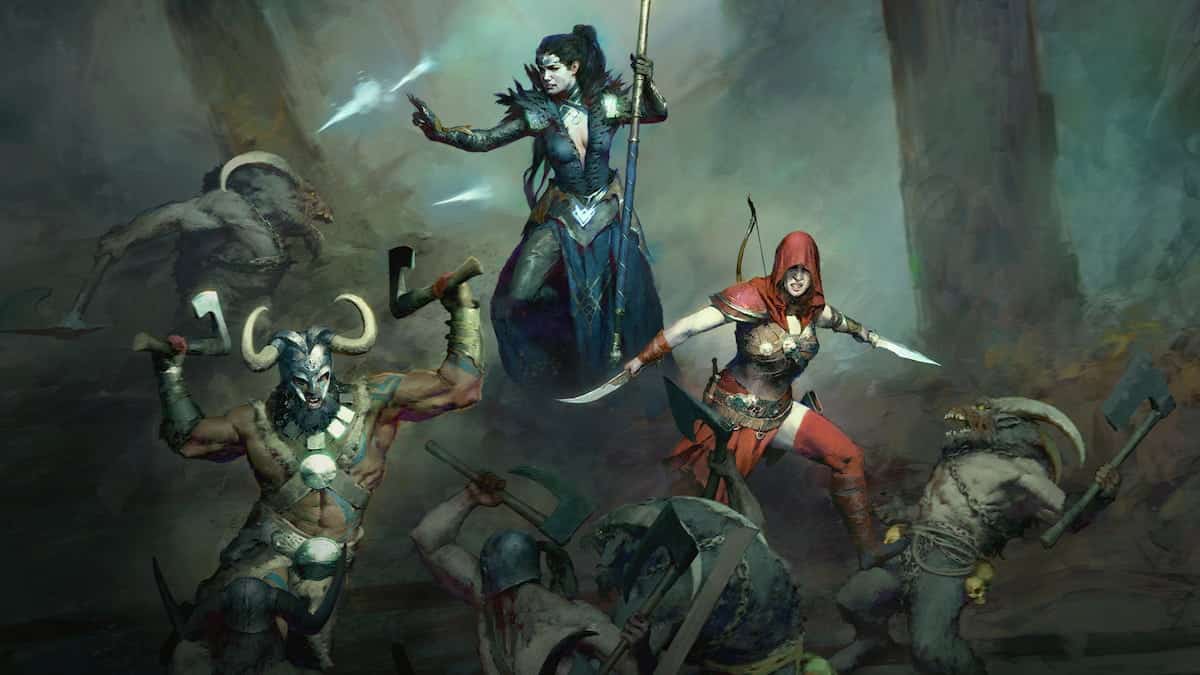 A party of adventurers fighting off a horde of demons in Diablo 4.