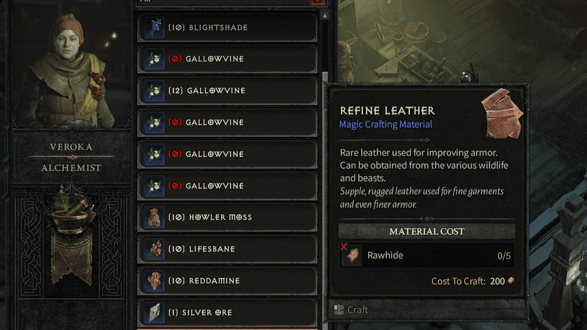 The Alchemist's refinement menu option for Superior Leather in Diablo 4.