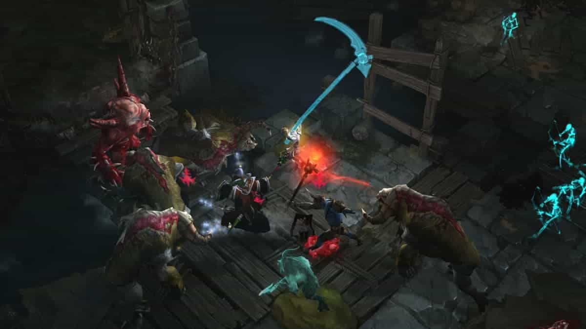 Tangkapan layar dari Diablo 4, di mana seorang pahlawan berjuang melawan gerombolan makhluk mayat hidup