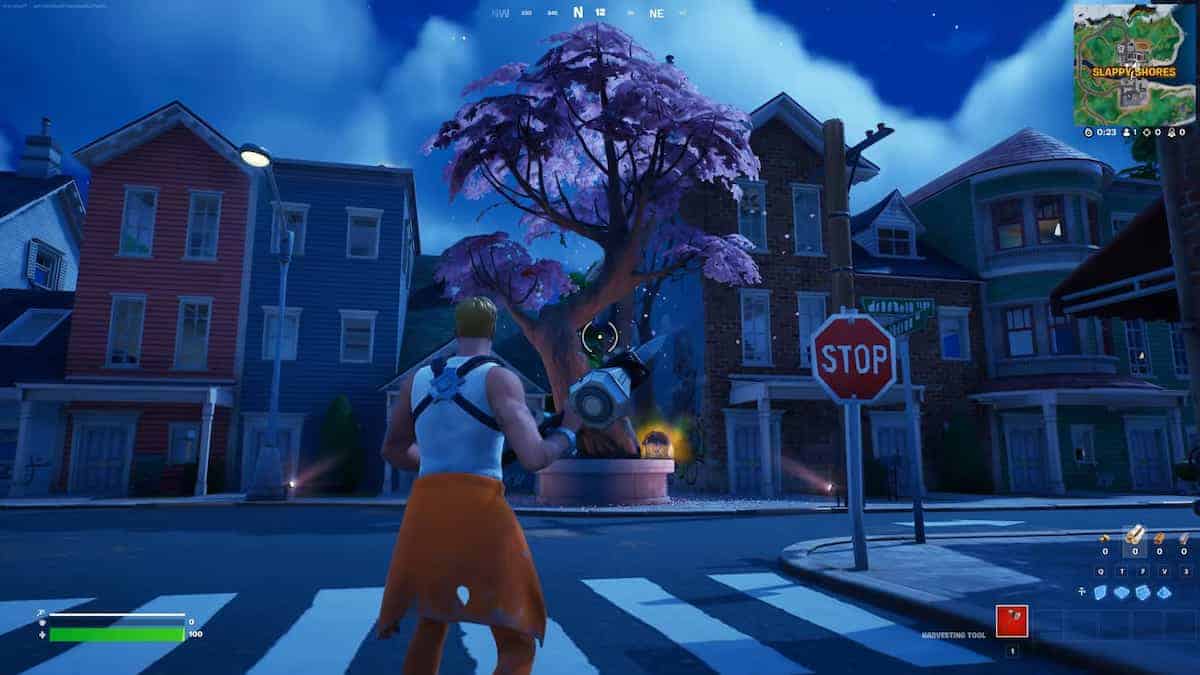 A Fortnite characters holding a pickaxe looking at a beautiful pink Cherry Blossom Tree, on a street.