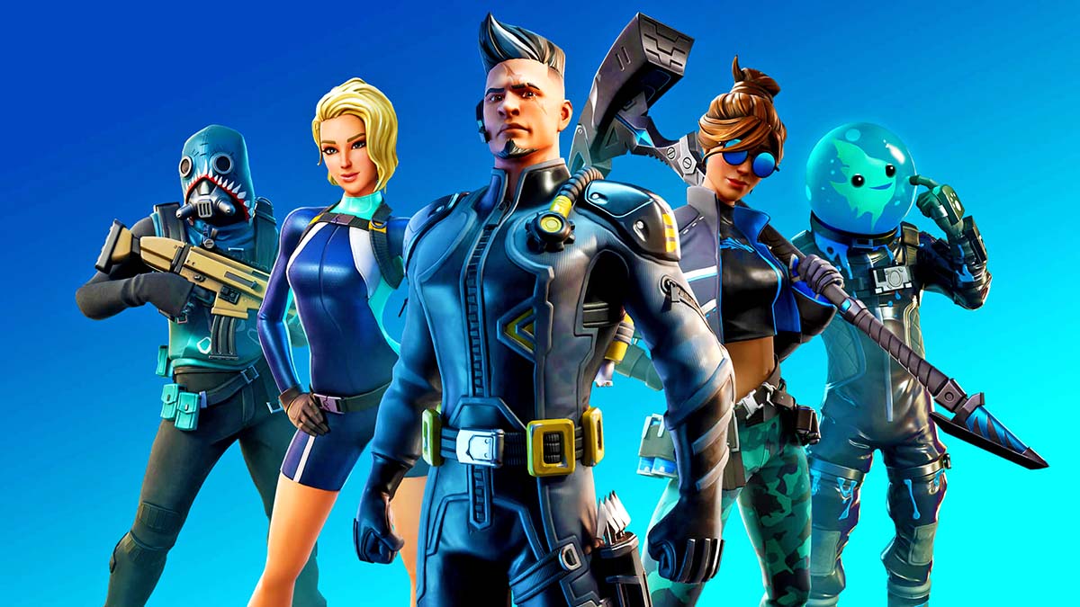 Fortnite characters posing in a v-formation. Some hold weapons while the leader stands defiant.