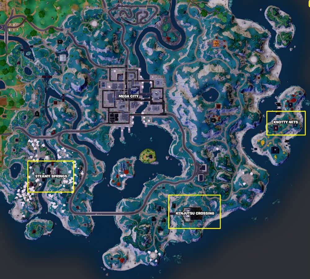 A map showing the location of three POIs - Steamy Springs, Kenjutsu Crossing, and Knotty Nets - with a yellow square aroudn them in Fortnite Chapter 4 Season 2