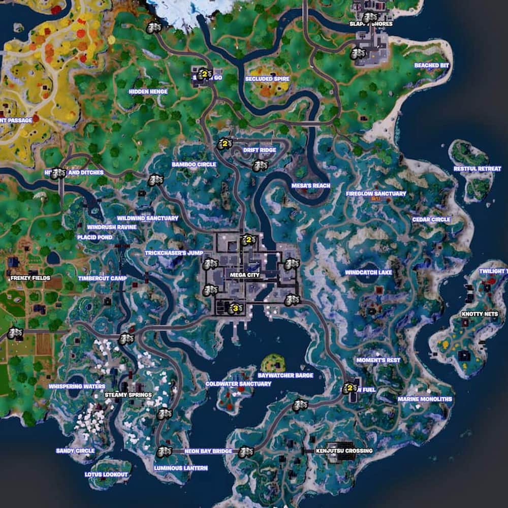 Uma imagem do mapa Fortnite com marcadores indicando os locais de bicicletas desonestas, um veículo no jogo, no capítulo 4 da 2ª temporada