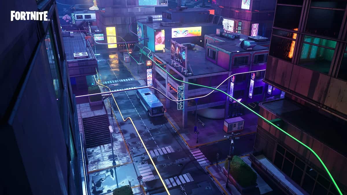 In Fortnite Chapter 4 Season 2, Mega City is a new POI featuring towering buildings and neon signs, with grind rails