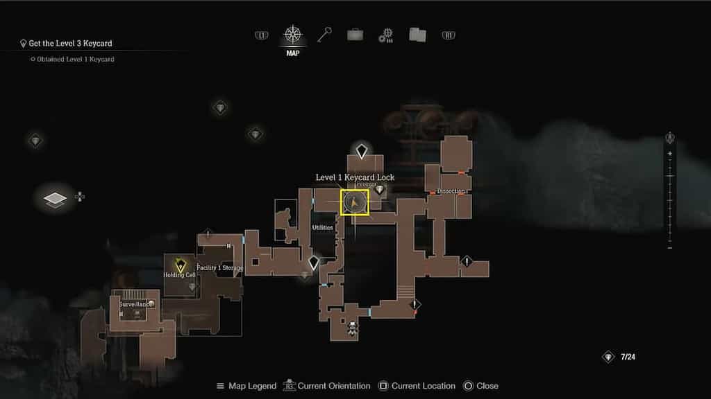Map of Resident Evil 4 Remake, showing the location of where to use the Level 1 Keycard