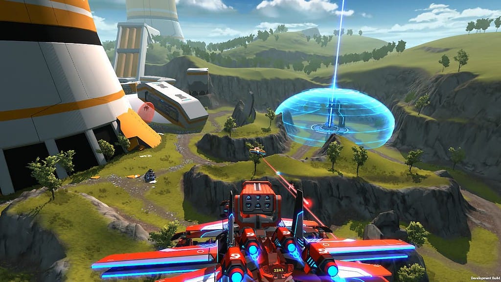 A spaceship with a sleek design, featuring pointed wings and a cockpit.