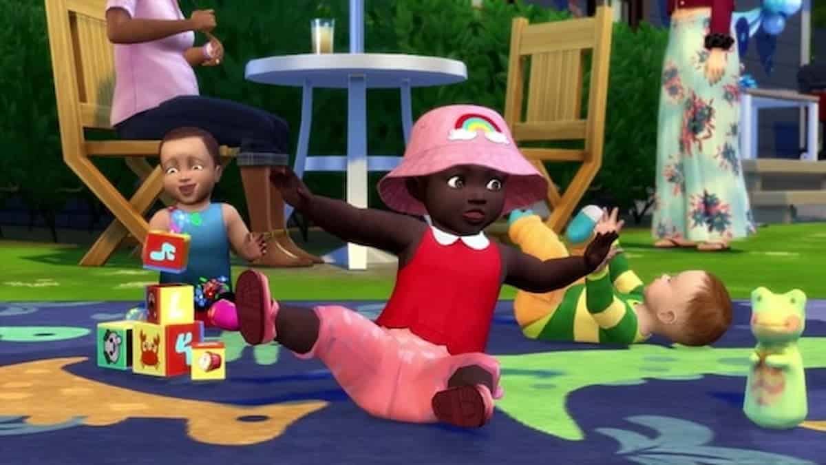 Infant Sims from the Sims 4 playing on a picnic blanket.