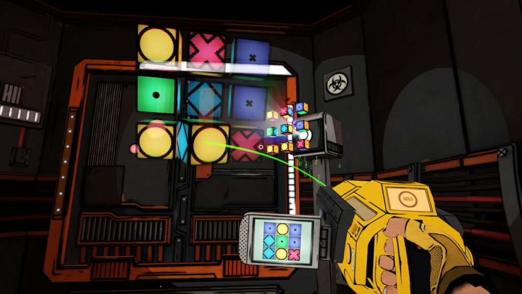 The player character in The Last Worker solving a puzzle. It looks like the puzzle can be solved by moving cubes to match the way shown in a nearby image.
