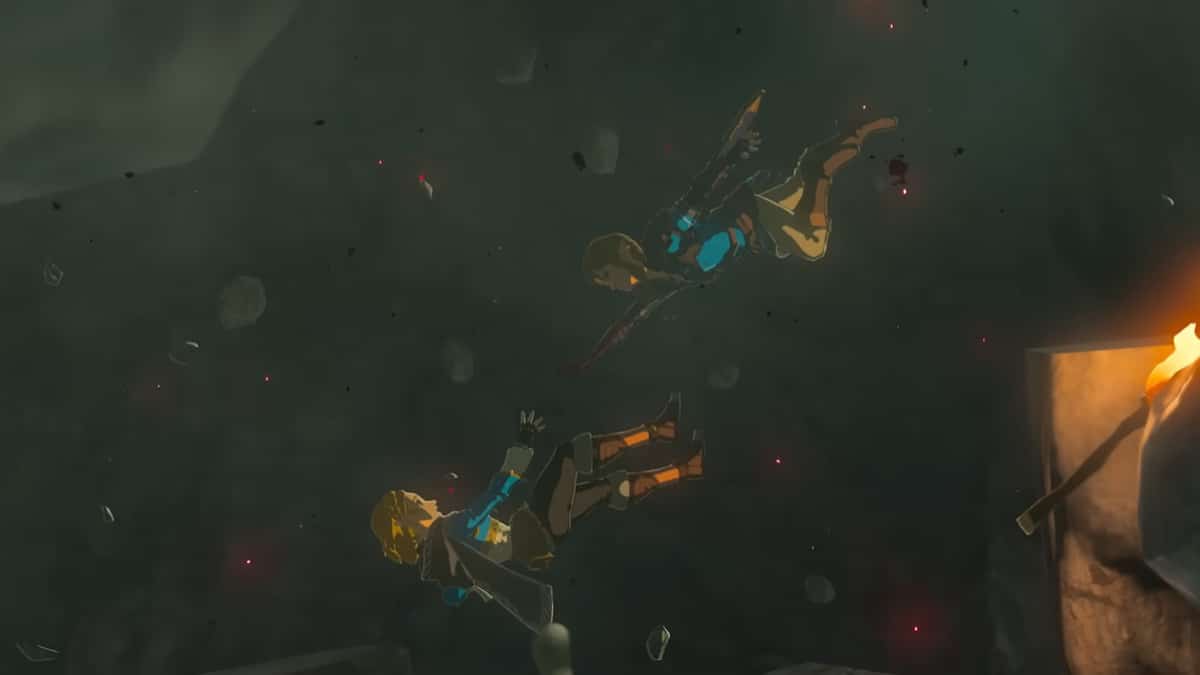 Link and Zelda falling off the cliff in Tears of the Kingdom