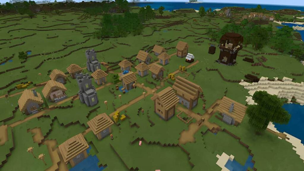 Image of an all-in-one outpost and plains village in Minecraft, featuring a village and an outpost structure in close proximity.