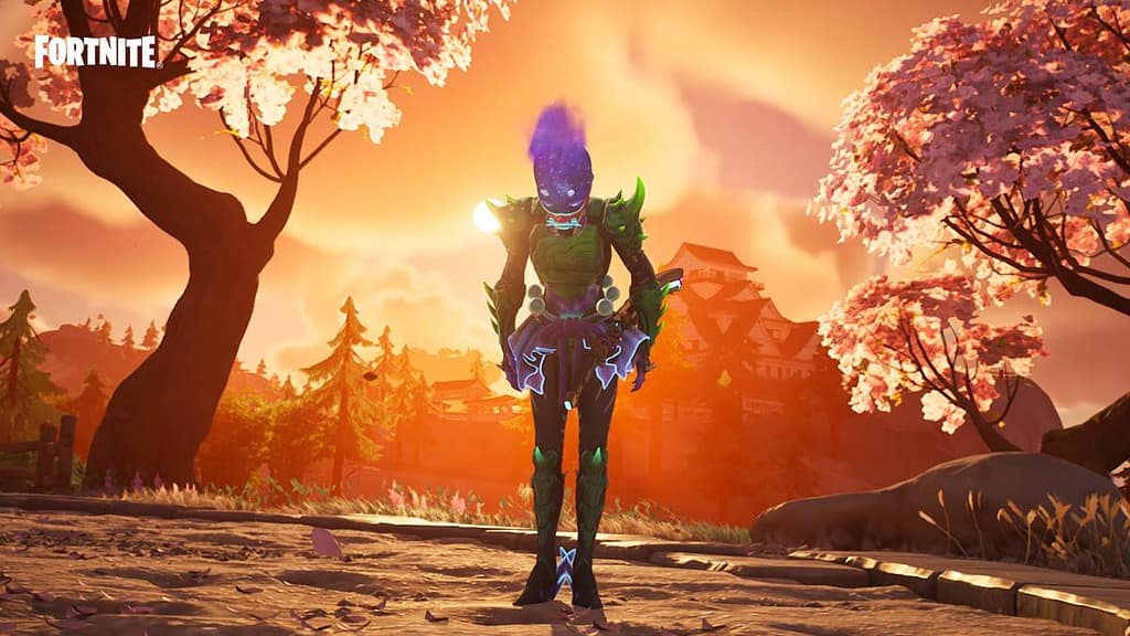 An armored Fortnite character bows between trees at sunset