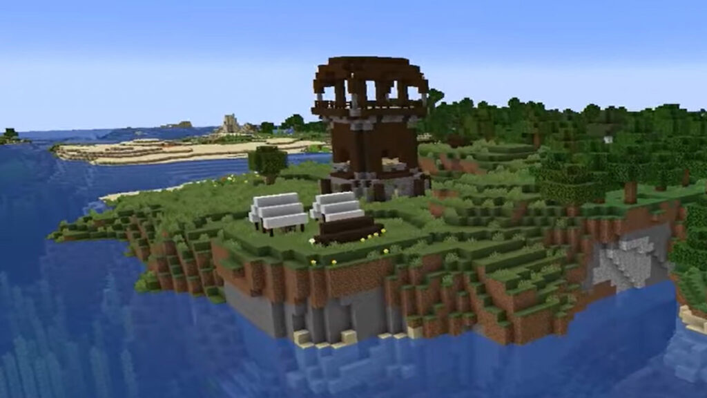 Image of a corner of island outpost 10 in Minecraft, featuring a small outpost structure on the corner of an island.