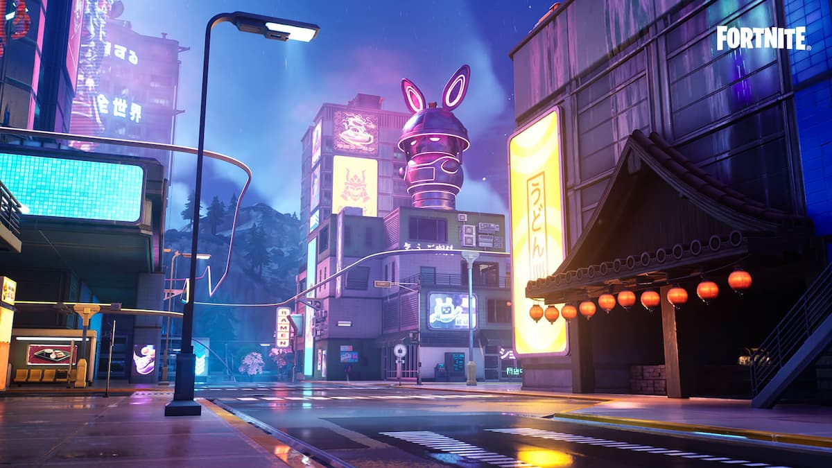 A giant bunny looking over the grind rails and street of MEGA City in Fortnite Chapter 4 Season 2.