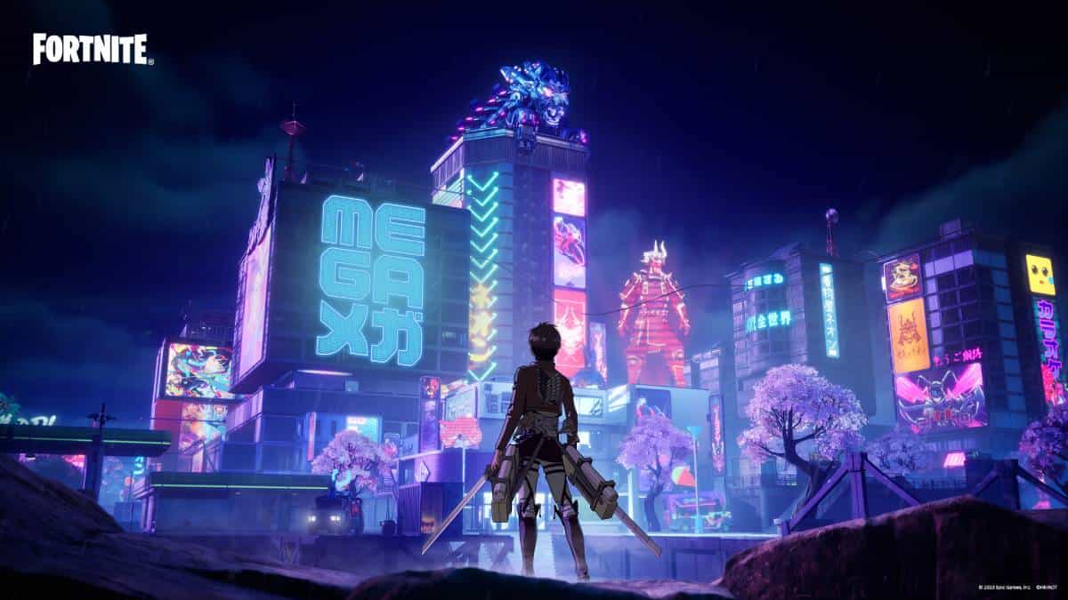 งานศิลปะอย่างเป็นทางการสำหรับ Fortnite ที่มีตัวละครอาวุธและยานพาหนะต่าง ๆ ในฉากการต่อสู้ที่มีชีวิตชีวาและมีสีสัน เบื้องหน้าแสดงให้เห็นถึงตัวละครที่เป็นสัญลักษณ์ของ Jonesy ที่ถือปืนไรเฟิลแห่งอนาคตในขณะที่ขี่ hoverboard พร้อมกับตัวละครและโครงสร้างอื่น ๆ ที่มองเห็นได้ในพื้นหลัง ภาพประกอบที่มีชีวิตชีวาและมีรายละเอียดเน้นถึงลักษณะการผจญภัยและการแข่งขันของเกม