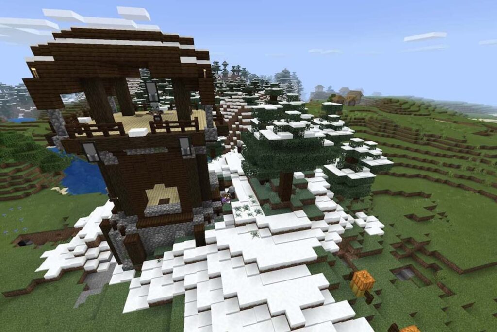Image of an outpost near an ancient city in Minecraft, featuring a small structure and ruins in the background.