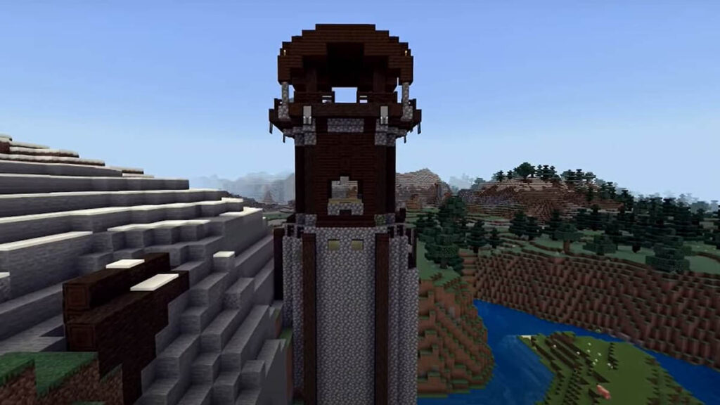 Image of the tallest outpost in Minecraft, featuring a towering structure made of cobblestone and wood.