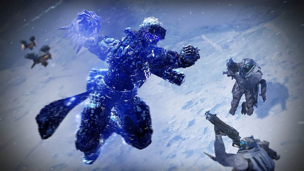 Obraz Winter Warrior in Destiny 2, ostateczna umiejętność, która zamienia graczy w potężną istotę lodową, zdolną do zamrażania wrogów i rozbicia ich śmiertelną siłą