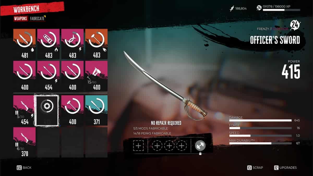 A screenshot from Dead Island 2 of the Workbench screen and a weapon in the process of being scrapped for parts.