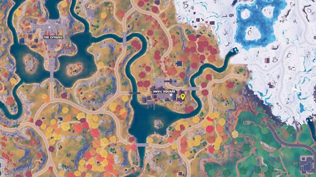 Fortnite map showing the location of the Yeager's Basement in Anvil Square. The location is marked by a yellow pin