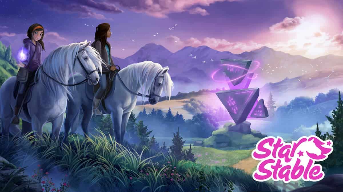 Promotional art for Star Stable, featuring two girls on horses and one wielding a purple flame magic