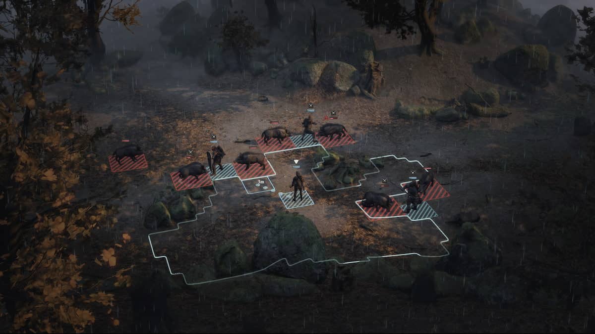 A mercenary group fighting boar in WarTales.
