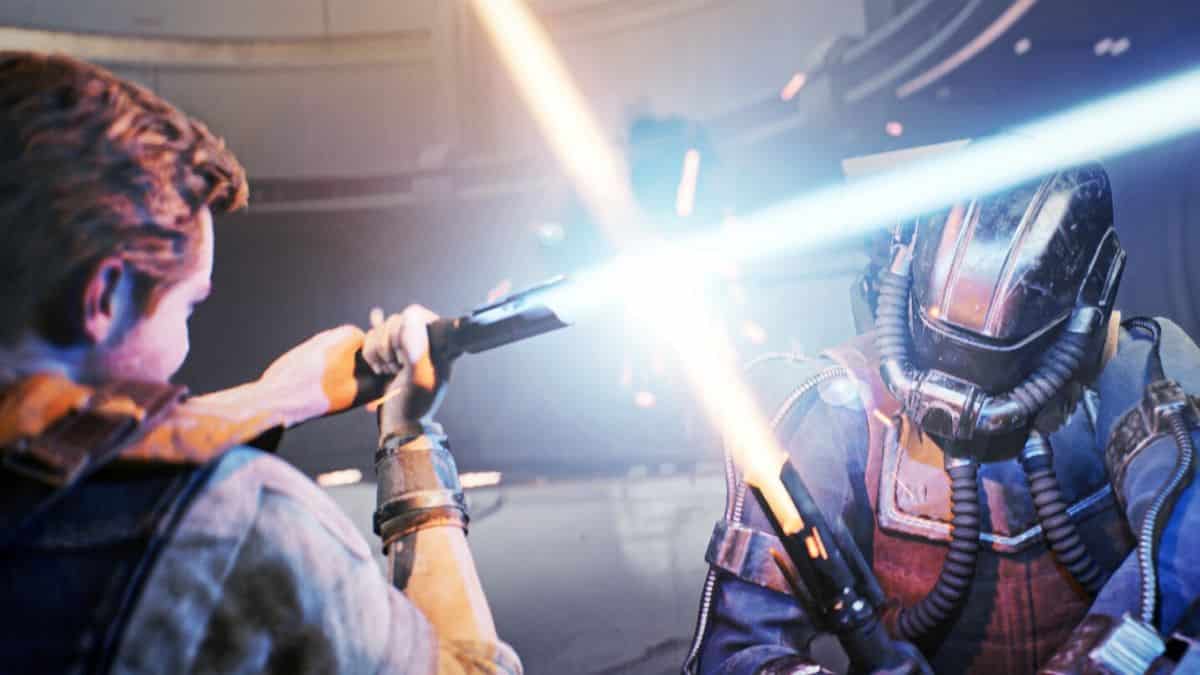Cal wields a lightsaber and duels an enemy