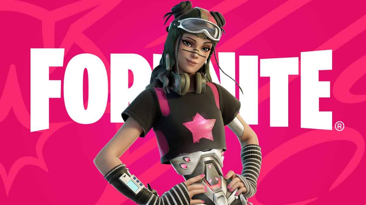 A Fortnite character wearing goggles and a headset poses in front of the Fortnite logo