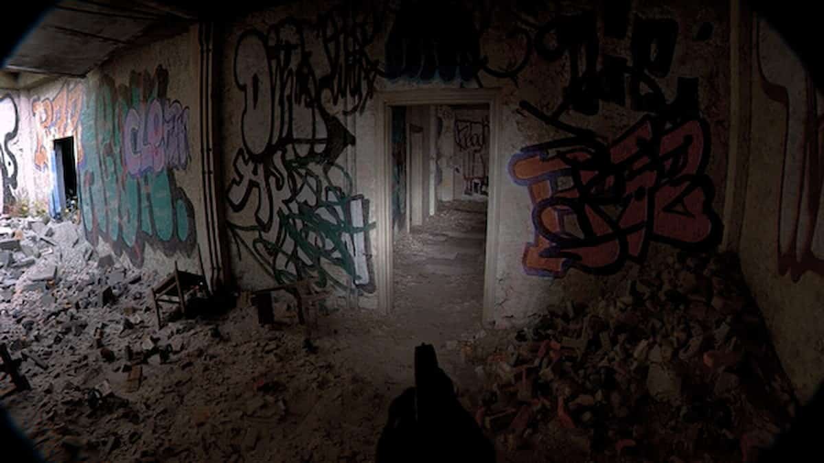 A player in Unrecord walking into an abandoned building.