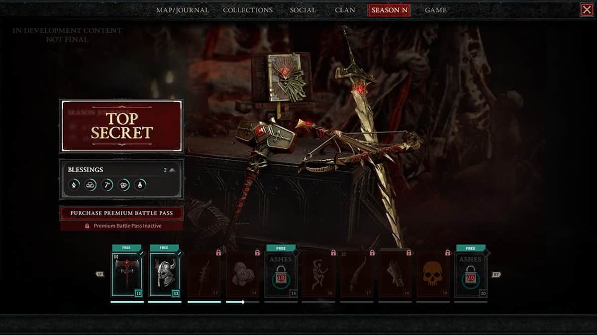 The first page of the free battle pass in Diablo 4.