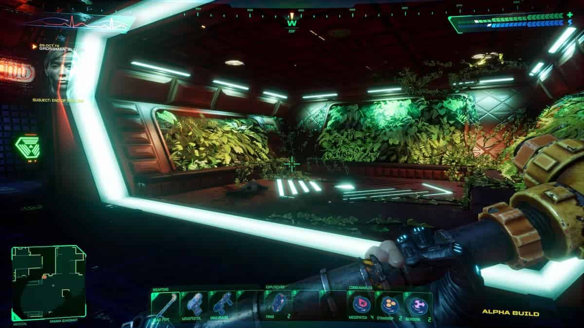A screenshot of System Shock Remake showing the hands of the protagonist wielding a hammer and looking at plants.