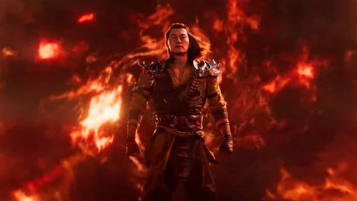Shang Tsung exits a fiery portal in Mortal Kombat 1